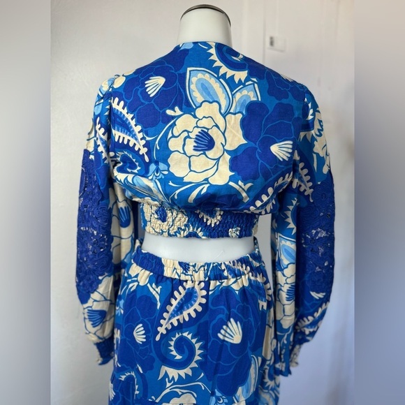 House of Harlow Long Sleeve Repeat Linen Top Tiered Skirt Set Matching flower - Picture 10 of 12